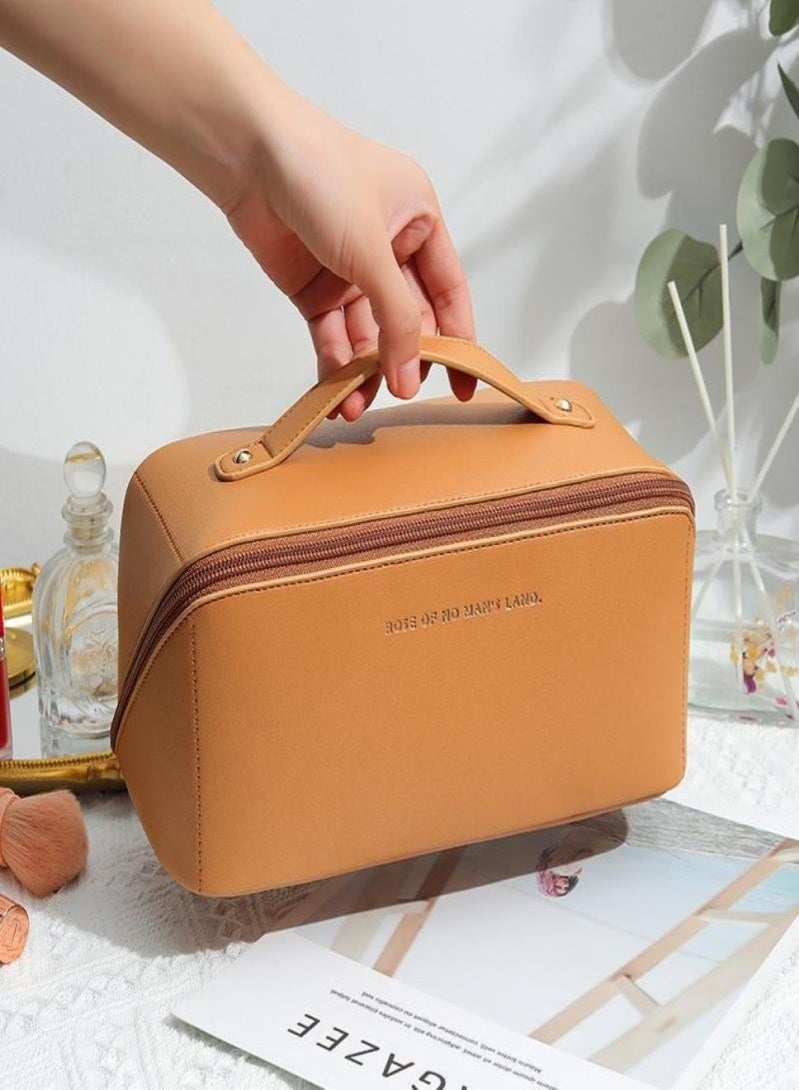 Travel Cosmetic Bag, Women's Large Capacity Cosmetic Bag, Waterproof Portable Bag Flat Cosmetic Bag, Makeup Storage Bag with Dividers and Handles (Brown) - Image 4