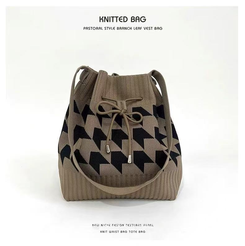 New Open Drawstring Rhombic Knitted Bucket Bag Large Capacity Handbag Retro All-Match Portable Shoulder Bag - Image 1