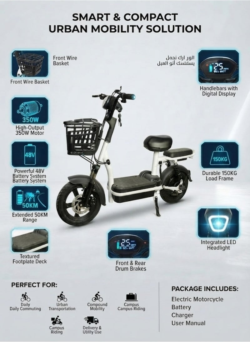 Electric Scooter for Adults 2-Seater Model 48V 350W Motor, 50km/h Top Speed, Includes Front Basket, Digital Display, Anti-Theft, and LED Headlights Professional Assembly Recommended - Image 5