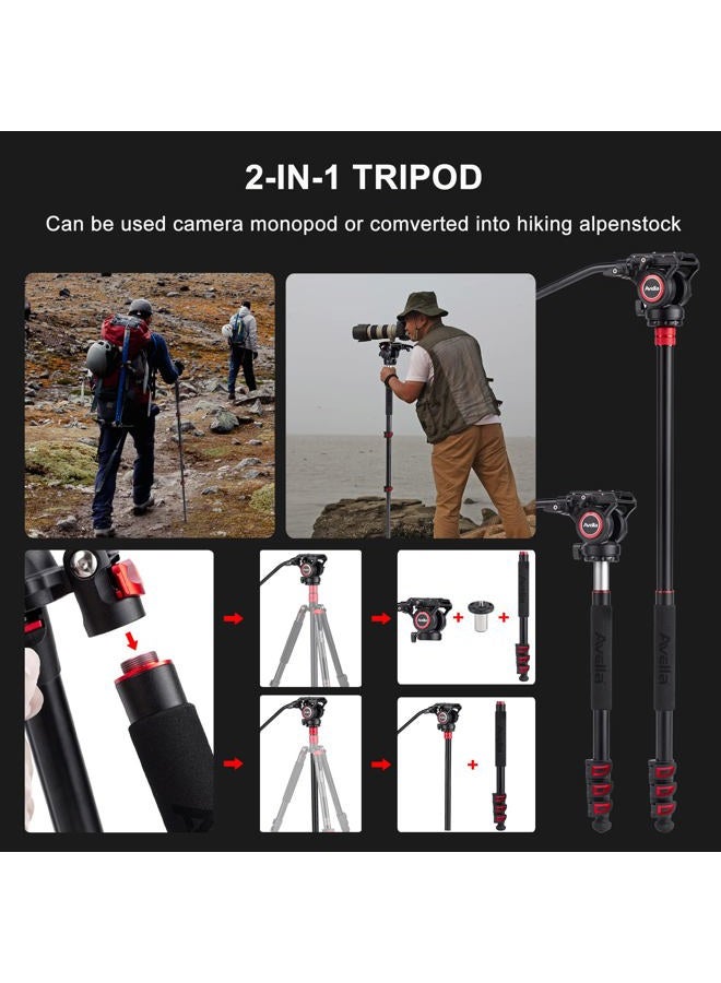 Avella A154P Video Tripod, Video Camera Tripod Monopod Aluminium Alloy 78.3 inch for Canon Nikon Sony Olympus Panasonic DSLR Camera
