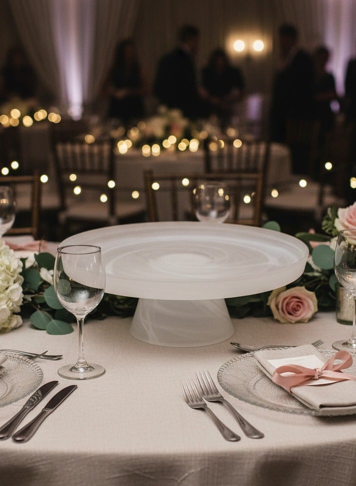 صحن تقديم زجاج فاخر بقاعدة لون أبيض مطفي مقاس 32 سم