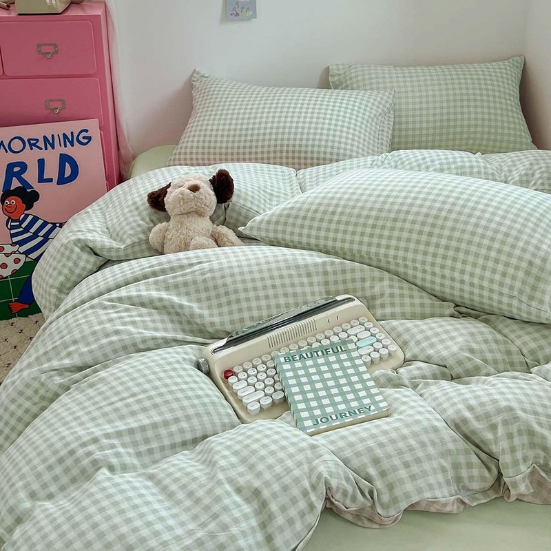 Nayoroom Green Gingham Duvet Cover Queen Size Plaid Dorm Bedding Set 3 Pieces Grid Checkered Duvet Cover with 2 Pillowcases, Soft Breathable Washed Microfiber - Image 4