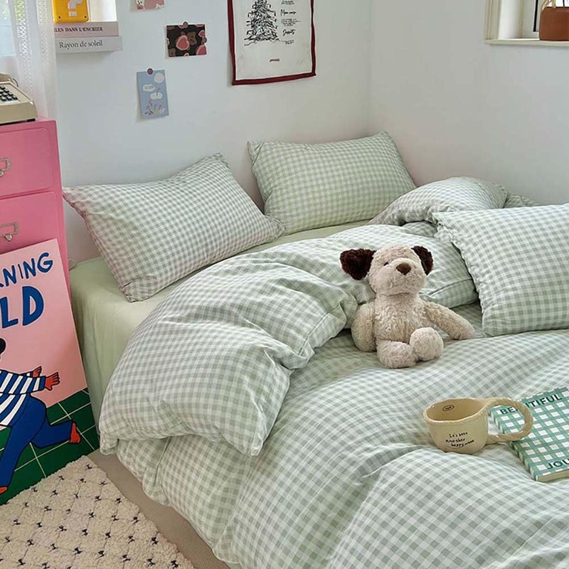 Nayoroom Green Gingham Duvet Cover Queen Size Plaid Dorm Bedding Set 3 Pieces Grid Checkered Duvet Cover with 2 Pillowcases, Soft Breathable Washed Microfiber - Image 2