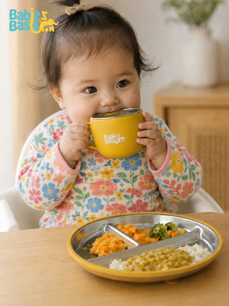 Babies Basic Babies Basic Stainless Steel Plate, Bowl, and Cup with Silicone Sleeve for Kids, Yellow