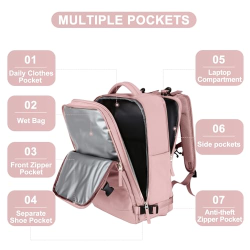 coofay Personal Item Travel Backpack for Women Airline Approved Carry on Backpack Flight Approved Waterproof Sports Luggage Backpack Casual Daypack Small Hiking Backpack Pink Backpack - Image 3