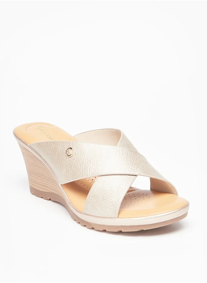 لو كونفورت Women's Cross Strap Slip-On Sandals with Wedge Heels