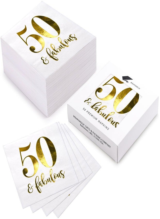 WRAPAHOLIC 50Pcs Gold 50 Fabulous Birthday Napkins - 3-Ply Disposable Paper Cocktail Napkin for Birthday Tableware Party Supplies - 5 x 5 In - Image 2