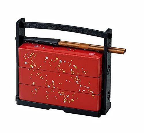 JapanBargain 1950, Japanese Lunch Bento Box Three Tiers with Chopsticks Traditional Plastic Lacquered Sakura Cherry Blossom Pattern Made in Japan - Image 1