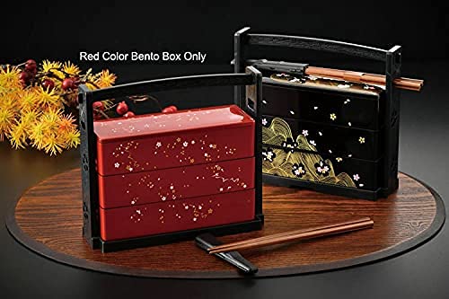 JapanBargain 1950, Japanese Lunch Bento Box Three Tiers with Chopsticks Traditional Plastic Lacquered Sakura Cherry Blossom Pattern Made in Japan - Image 3