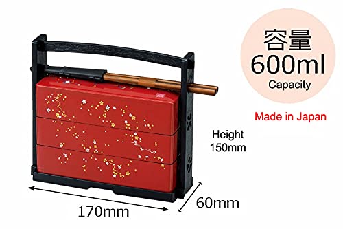 JapanBargain 1950, Japanese Lunch Bento Box Three Tiers with Chopsticks Traditional Plastic Lacquered Sakura Cherry Blossom Pattern Made in Japan - Image 2