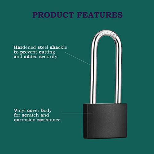 Guliffen 2 Pack Covered Aluminum Padlocks with Key, Black Locker Lock with Long Shackle for Gates, Fences, Toolboxes, - Image 3