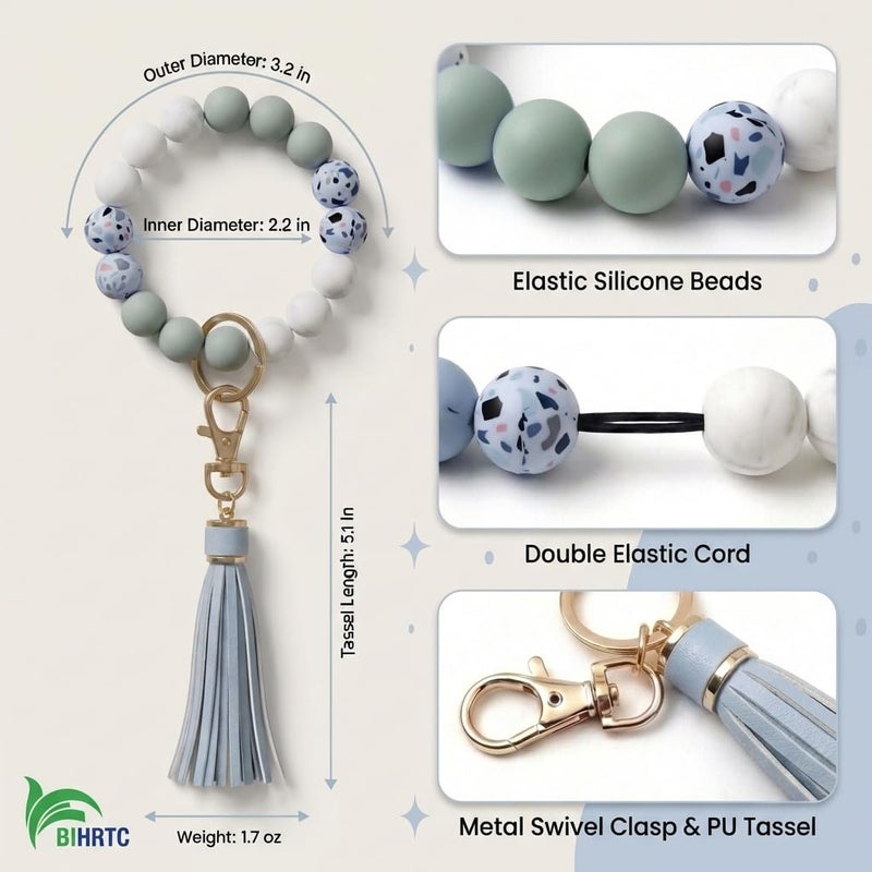 BIHRTC Beaded Wristlet Keychain Silicone House Key Ring Bracelet with Leather Tassel Wristlet Keyrings Circle Bangle Key Chain for Women Girls - Image 2