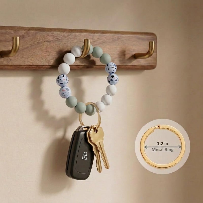 BIHRTC Beaded Wristlet Keychain Silicone House Key Ring Bracelet with Leather Tassel Wristlet Keyrings Circle Bangle Key Chain for Women Girls - Image 3