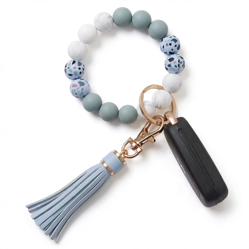 BIHRTC Beaded Wristlet Keychain Silicone House Key Ring Bracelet with Leather Tassel Wristlet Keyrings Circle Bangle Key Chain for Women Girls - Image 1