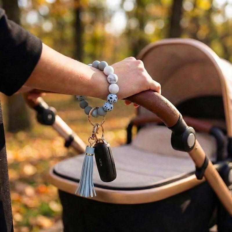 BIHRTC Beaded Wristlet Keychain Silicone House Key Ring Bracelet with Leather Tassel Wristlet Keyrings Circle Bangle Key Chain for Women Girls - Image 5