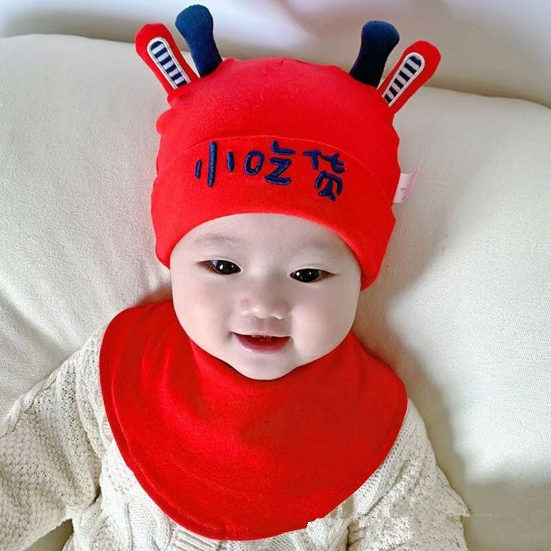 Cute Bear Cotton Baby Hat Scarf Set Autumn-Winter 0-12M Snack red + saliva towel