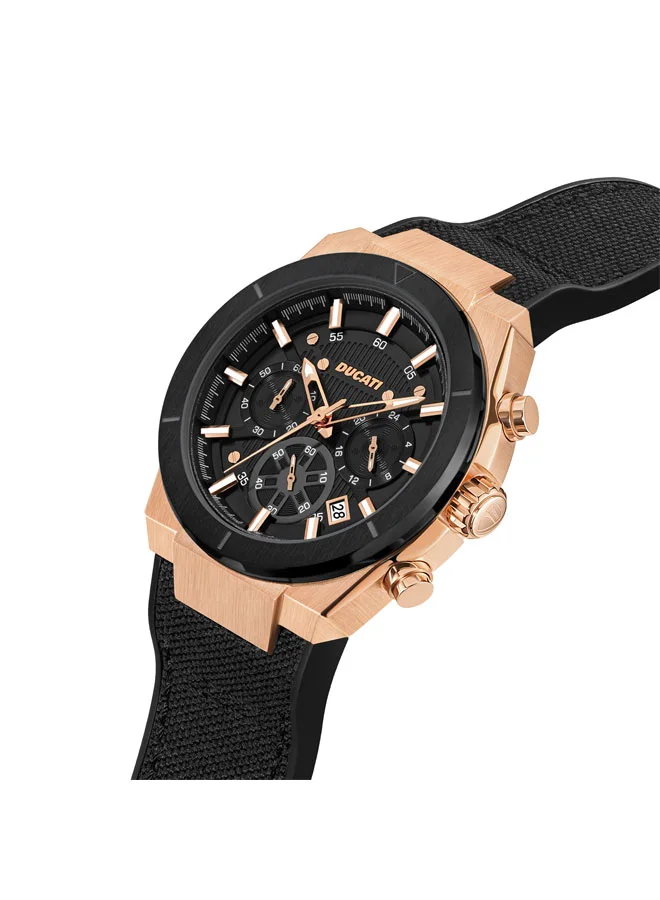دوكاتي Ducati Men's Chronograph Watch with Rose Gold Accents, Black Textured Dial, Leather Strap, Water Resistant up to 50m, 43.5mm Case – Unmatched Style and Performance