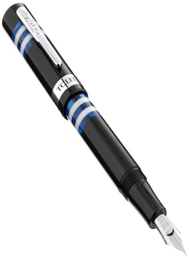 Conklin Toledo Fountain Pen in Black with Blue and White Ring Segments - Medium Nib - Luxury Fountain Pen with Chrome Accents - Image 1