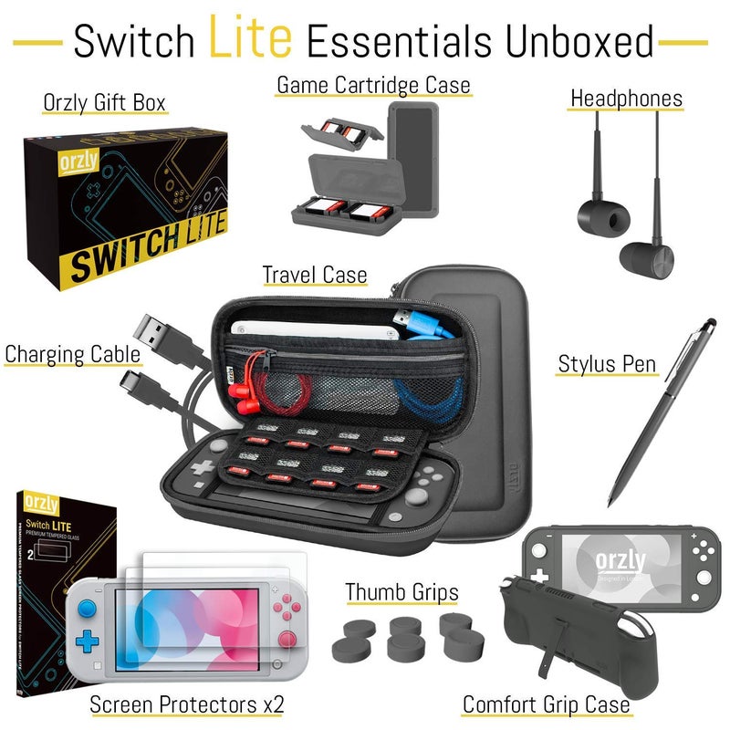 Orzly Switch Lite Accessories Bundle - Case & Screen Protector for Nintendo Switch Lite Console, USB Cable, Games Holder, Comfort Grip Case, Headphones, Thumb-Grip Pack & more ( Gift Pack - Grey) - Image 3