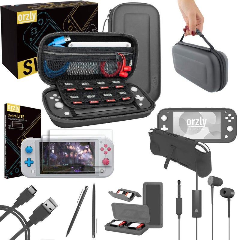 Orzly Switch Lite Accessories Bundle - Case & Screen Protector for Nintendo Switch Lite Console, USB Cable, Games Holder, Comfort Grip Case, Headphones, Thumb-Grip Pack & more ( Gift Pack - Grey) - Image 1