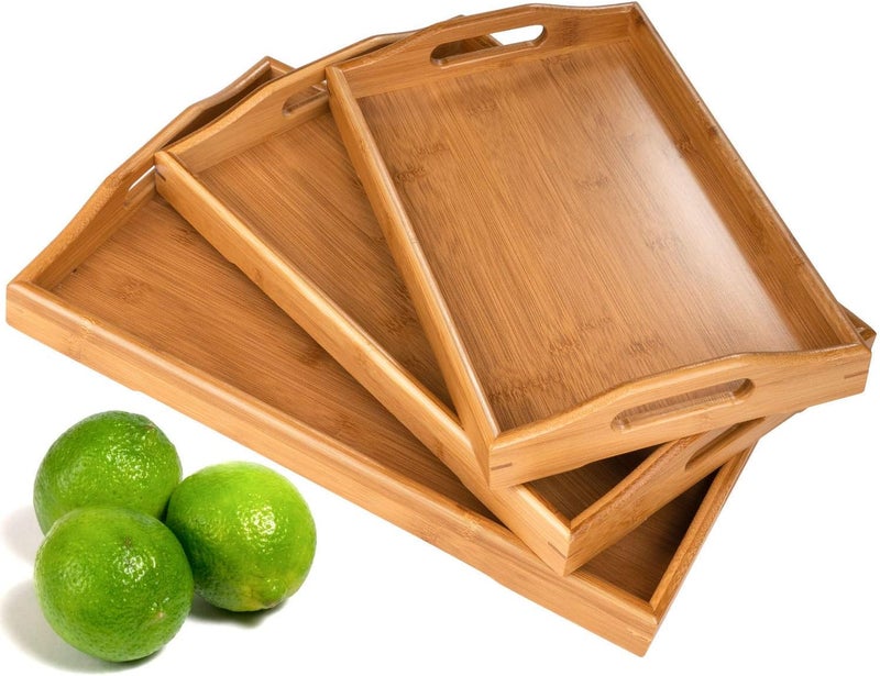 SHOWAY 3 Pack Serving Tray,Large Bamboo Serving Tray with Handles Wood Serving Tray Set for Coffee,Food,Breakfast,Dinner - Image 1