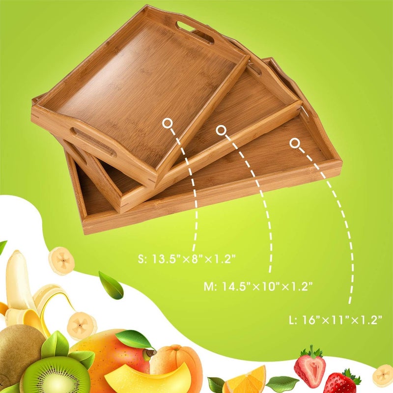 SHOWAY 3 Pack Serving Tray,Large Bamboo Serving Tray with Handles Wood Serving Tray Set for Coffee,Food,Breakfast,Dinner - Image 2