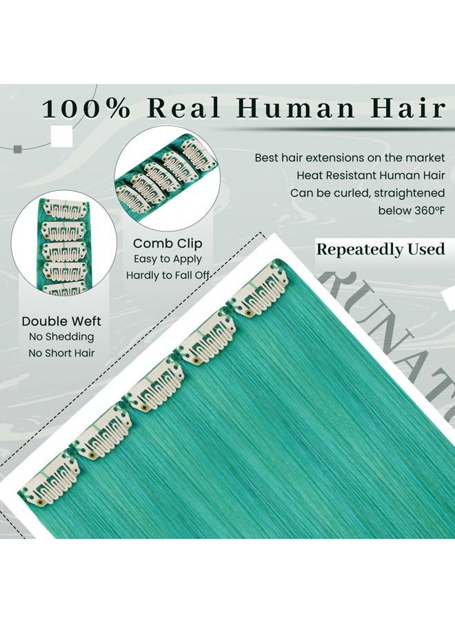 RUNATURE Clip in Hair Extensions Human Hair 20 Inch 25g 5pcs Teal Green Hair Extensions Clip Ins Straight Remy Highlight Colored Hair Clip in Extensions  - Image 4