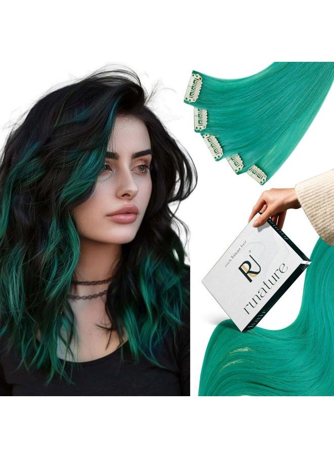 RUNATURE Clip in Hair Extensions Human Hair 20 Inch 25g 5pcs Teal Green Hair Extensions Clip Ins Straight Remy Highlight Colored Hair Clip in Extensions  - Image 1