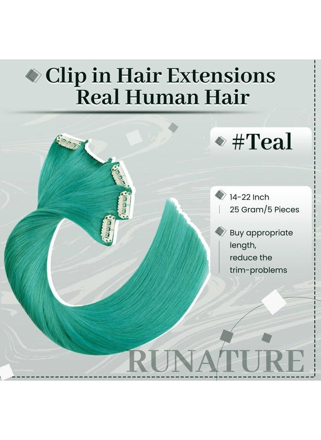 RUNATURE Clip in Hair Extensions Human Hair 20 Inch 25g 5pcs Teal Green Hair Extensions Clip Ins Straight Remy Highlight Colored Hair Clip in Extensions  - Image 3