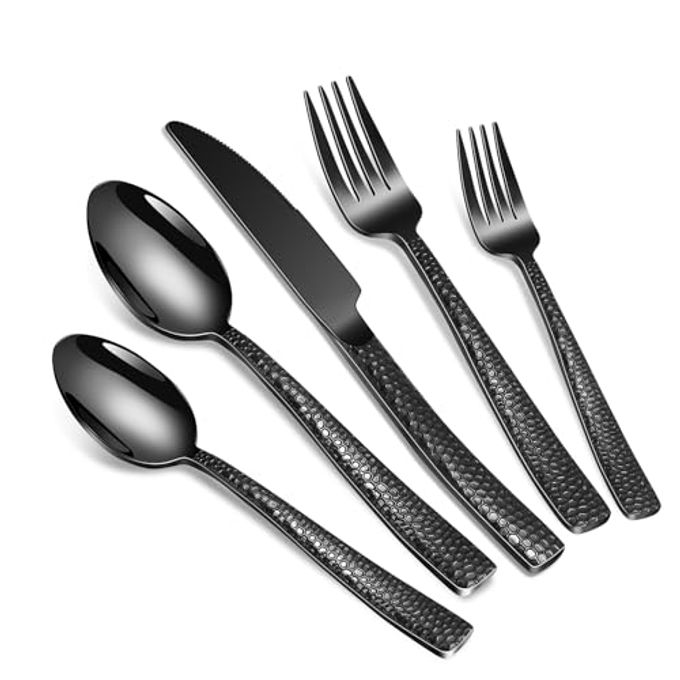 Remoxye 40-Piece Silverware Set, Black Hammered Stainless Steel Flatware Sets for 8, Food-Grade Tableware Set, Including Fork Knife Spoon Set, Durable Home Kitchen Cutlery Sets, Dishwasher Safe