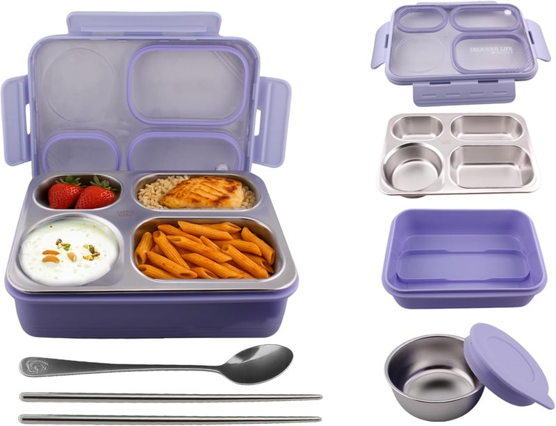 Cravista Bento Lunch Boxes, Leak Proof Stainless Steel Lunch Box for Kids, BPA Free Bento Box for Kids and Adults | Tiffin Boxes for Office and School (Purple, 950 ML, 4 Compartment) - Image 2