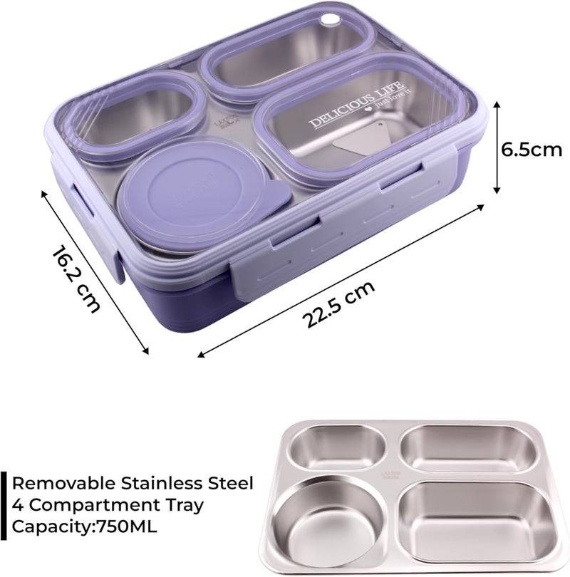 Cravista Bento Lunch Boxes, Leak Proof Stainless Steel Lunch Box for Kids, BPA Free Bento Box for Kids and Adults | Tiffin Boxes for Office and School (Purple, 950 ML, 4 Compartment) - Image 5