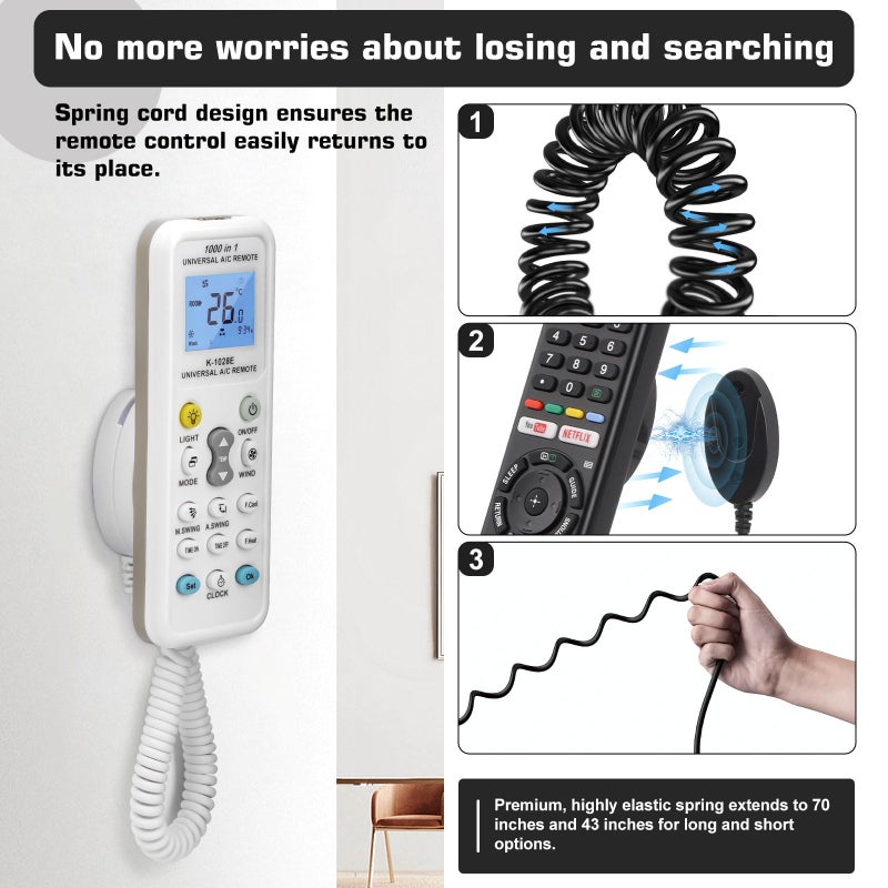 WALLFID 2-Pack Magnetic Remote Control Holders with Spring Ropes - Safely Secure Remotes & Small Items, Wall-Mount with Adhesive, Anti-Loss, Rapid Adsorption, Extendable Spring (Black 70 inch, 2 Pack) - Image 2