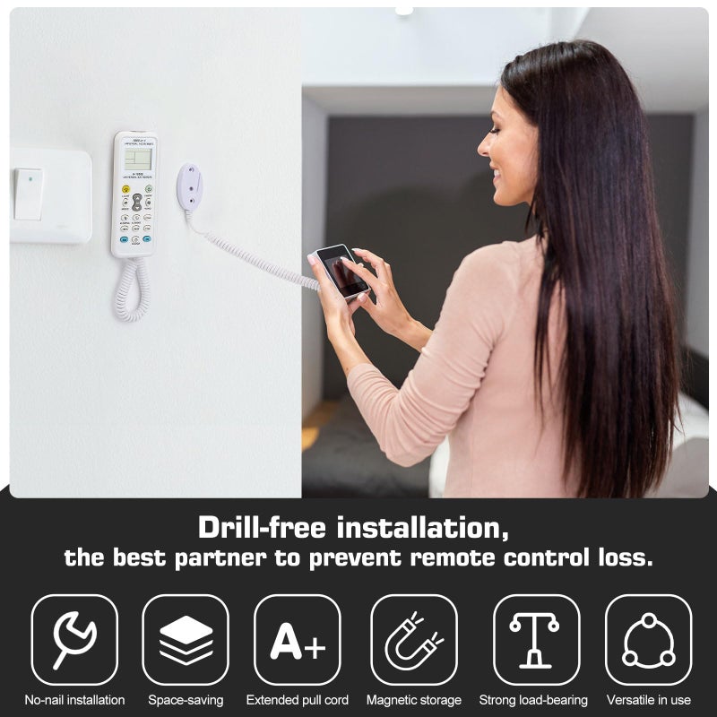 WALLFID 2-Pack Magnetic Remote Control Holders with Spring Ropes - Safely Secure Remotes & Small Items, Wall-Mount with Adhesive, Anti-Loss, Rapid Adsorption, Extendable Spring (Black 70 inch, 2 Pack) - Image 4