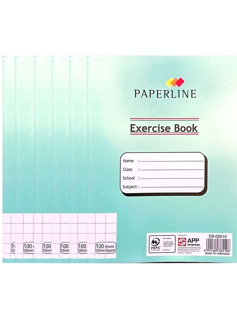 paperline 6-Piece 100 Sheet 10mm Square Exercise Book Assorted Colour - Image 1