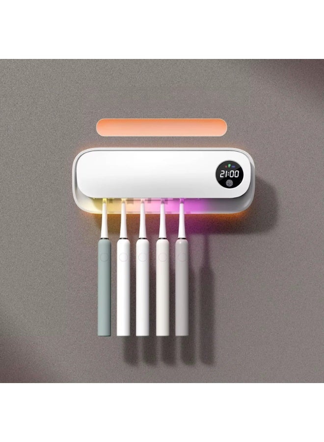 BlueFire UVC Toothbrush Holder with LED Smart Screen, USB Type-C Charging, Heat Air Blower & UVC LED Light Engine, Automatic Cleaning and 99.9% Sterilization, Wall Mounted Rechargeable Toothbrush Sanitizer with Flexible Hanger – Keeps Brushes Clean and Dry, White - Image 1