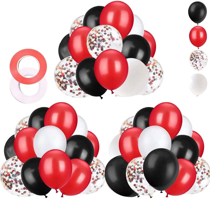 Festiko® 62 Pieces Black Red Confetti Balloons Kit, 12 Inches Black Red White Confetti Balloons with Balloon Ribbon for Birthday Quinceanera Graduation Party Decorations Supplies - Image 1