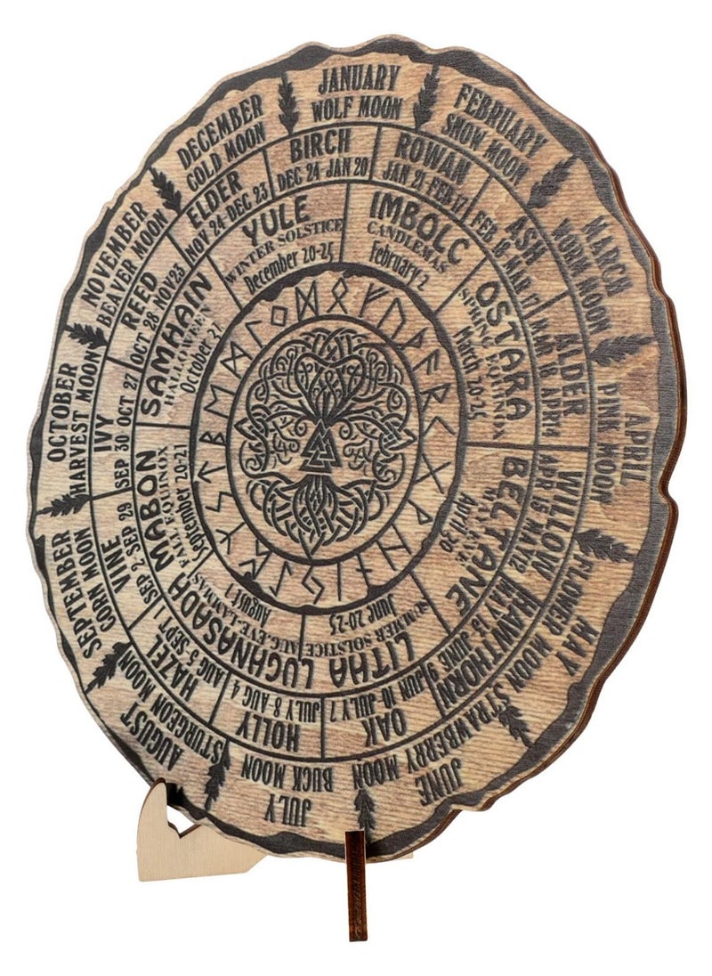 Mordely Lunar Cycle & Seasonal Wooden Wall Calendar - Nordic Design Tree Plaque with Moon Phases & Solstice Dates - Premium Wooden Wall Art  - Image 1