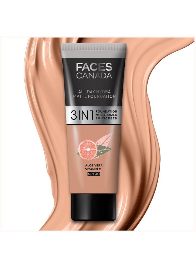 فاسيسكانادا FACES CANADA كريم أساس All Day Hydra Matte - حجم صغير | كريم أساس 3 في 1 + مرطب + عامل حماية من الشمس 30 | ترطيب لمدة 24 ساعة بالألوفيرا وفيتامين سي | يدوم لمدة 10 ساعات | تغطية متوسطة إلى عالية قابلة للبناء | كراميل طبيعي، 15 مل - Image 1