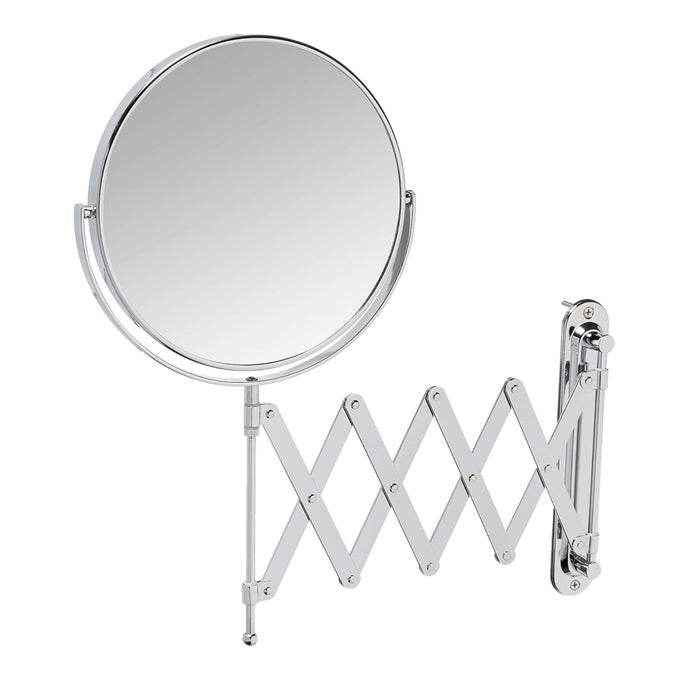 TWOSIDED WALLMOUNTED MAKEUP MIRROR WITH 7X1X MAGNIFICATION 8 DIAMETER MIRROR WITH SCISSOR BRACKET EXTENDS UP TO 20 AND SWIVELS LEFT AND RIGHT POLISHED CHROME FINISH MODEL JP2027C