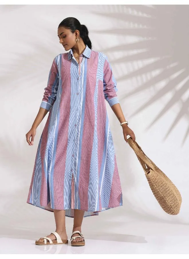 ترو برونز trueBrowns Blue Cotton Stripe Flared Shirt Dress