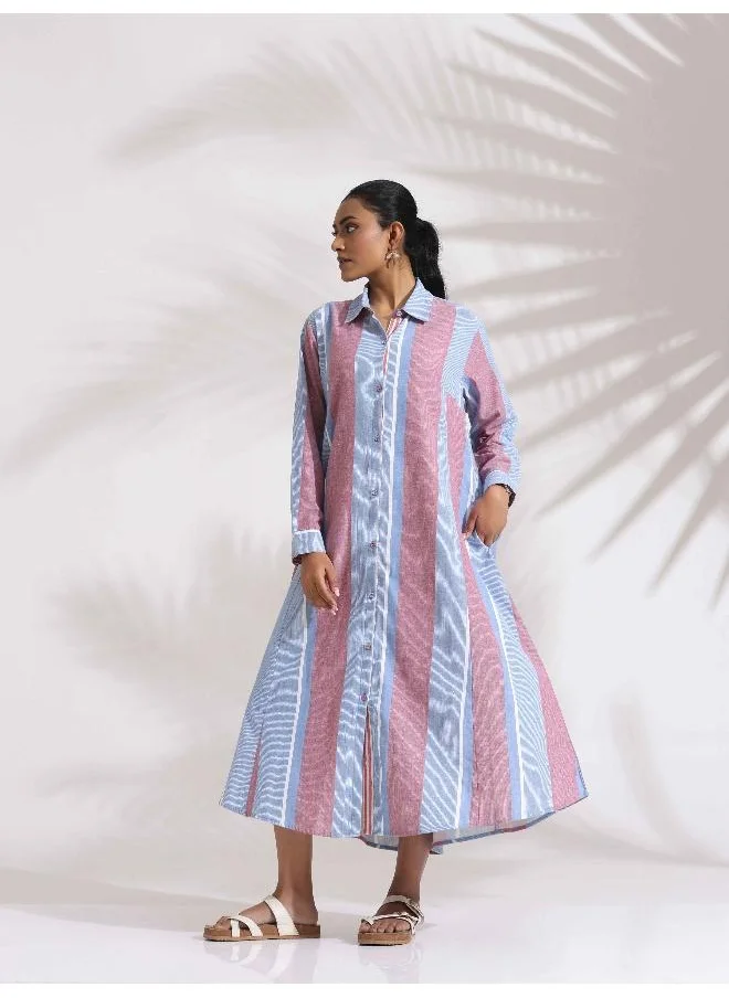 trueBrowns Blue Cotton Stripe Flared Shirt Dress