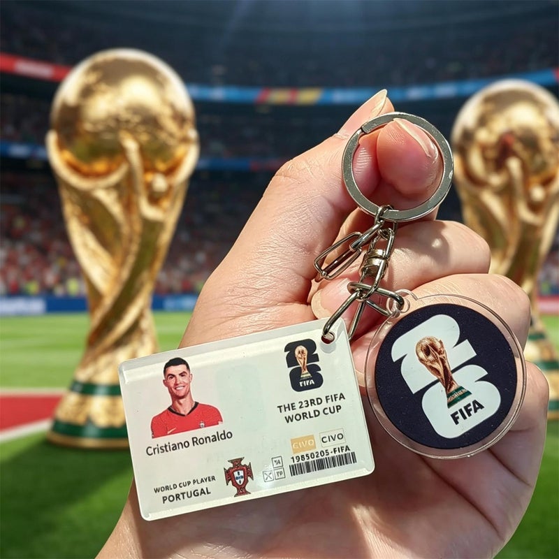 Football keychains featuring Messi, Neymar, Mbappe, and Ronaldo; US, Canada, and Mexico ornaments; 2026 World Cup small gifts.