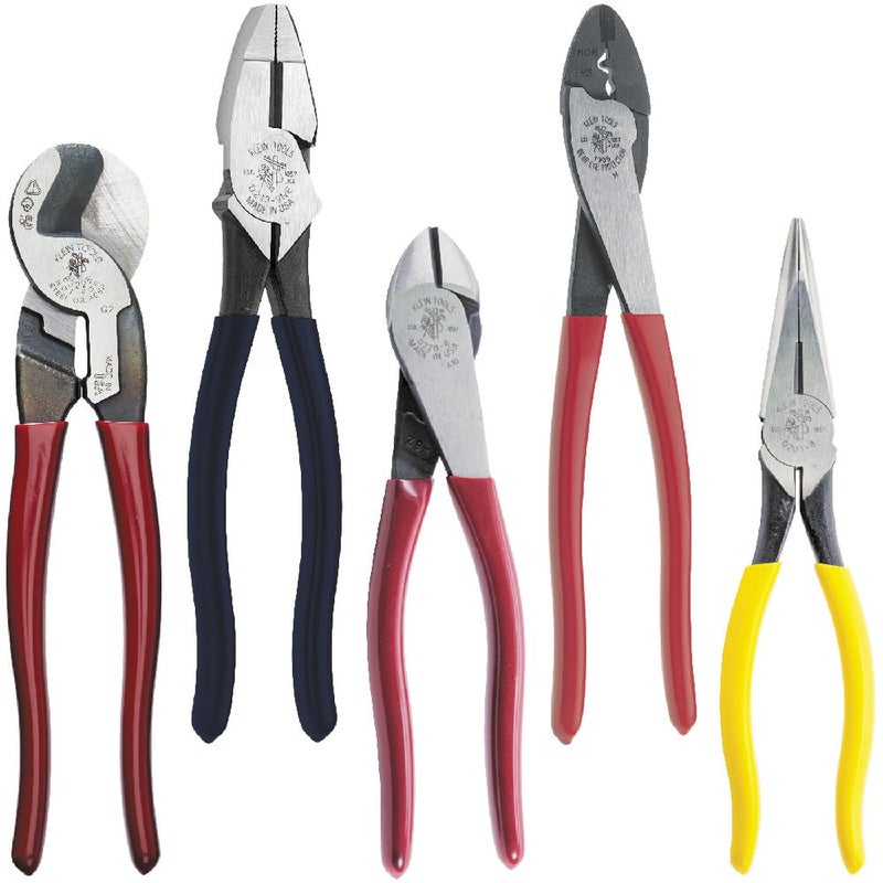 Klein Tools 80087 Dipped Plier Kit, Made in USA, Diagonal-Cutting, Needle-Nose, Side-Cutting High Leverage Linesman Pliers, Cutter and Crimper, 5-Piece - Image 1