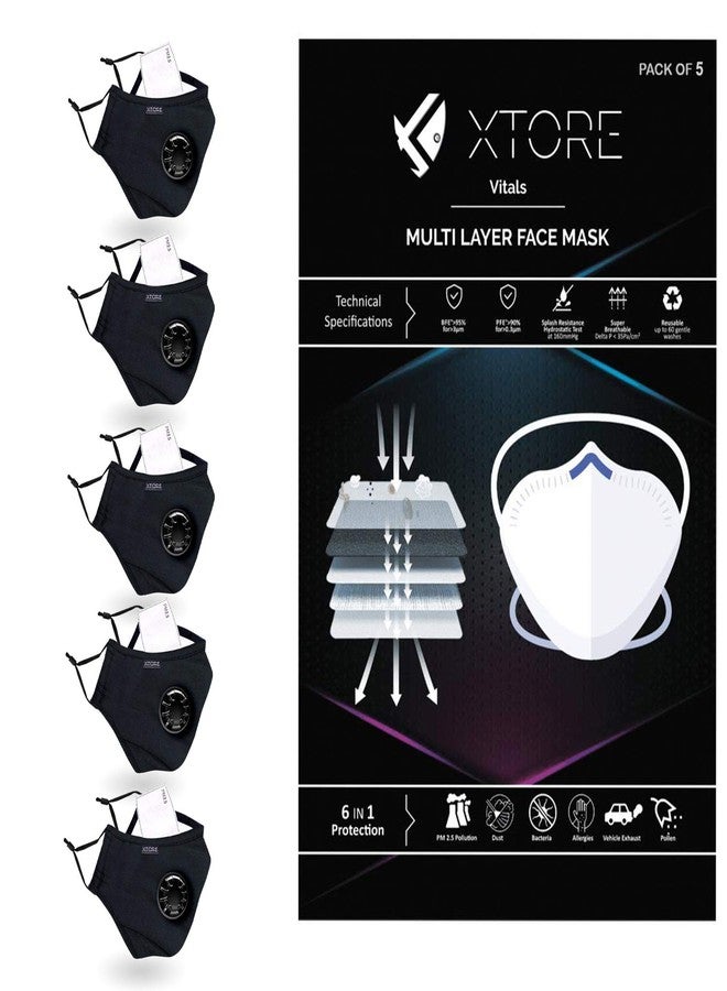 Xtore N-95 FDA CE Certified Antipollution cotton mask | Reusable | Washable (Pack of 5 mask, 5 Filters, Black) - Image 1