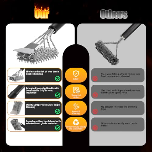 HOUSE AGAIN Grill Brush and Scraper Bristle Free, 304 Stainless Steel Brush Head Non Metal Bristles, Safe Steam Outdoor Grill Cleaning BBQ Grill Accessories for Smoker/Porcelain/Weber Gas/Charcoal - Image 3