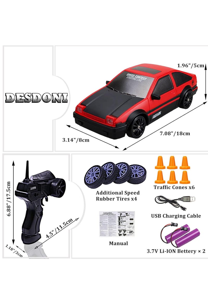 Remote control car rc drift car 2.4ghz 1:24 scale 4wd 15km/h high speed model vehicle with led lights drifting tire racing sport toy car for adults boys girls kids gift 2pcs rechargeable batteries - Image 5