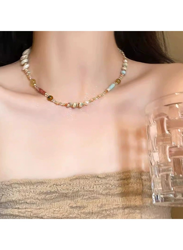 Goolsky قلادة تشوكر لؤلؤي مزين بالدوبامين للنساء – خرز أرز ملون وخرز أسطواني، سلسلة عصرية أنيقة تصل إلى عظمة الترقوة، أسلوب ي2ك - Image 2