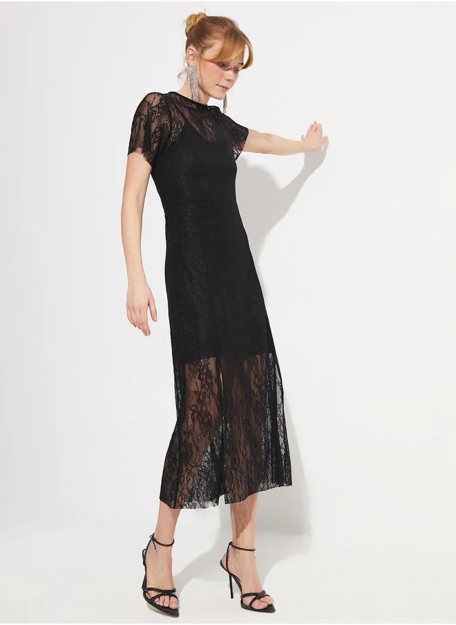 JUNE Lace Insert Slit Hem Detail Sheath Midi Dress