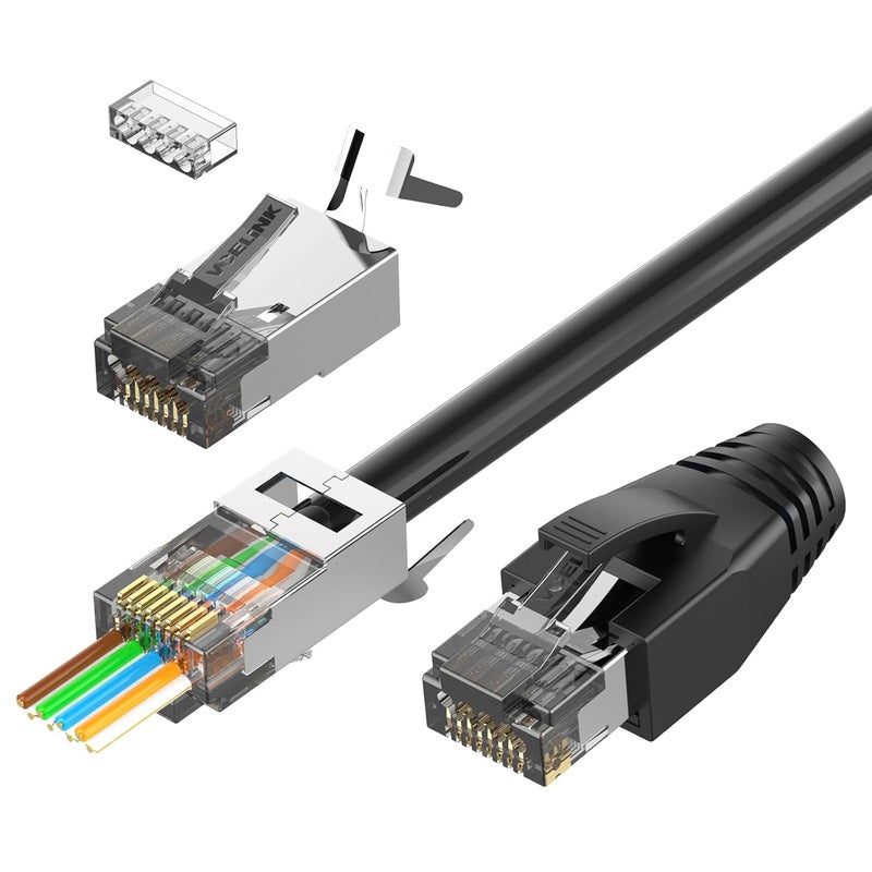 VCELINK CAT6A Connector, RJ45 Connectors Pass Through CAT6A CAT7 Shielded, UL-Listed 3-Prong Gold Plated, CAT7 Connector with Strain Relief Boots (RJ45 Connector-Black, Black, 10-Pack) - Image 1